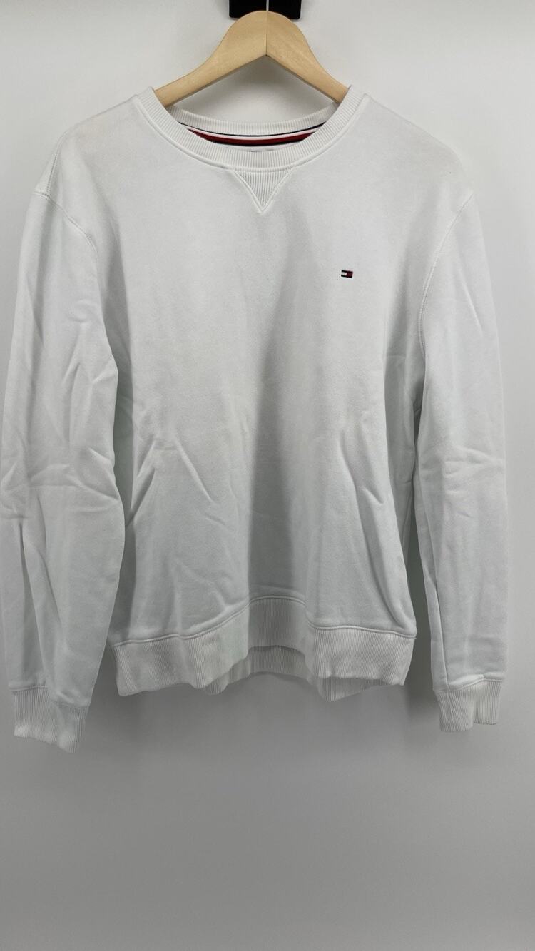 Tommy Hilfiger White Crewneck Sweatshirt Men’s Large Flag Logo Classic Pullover